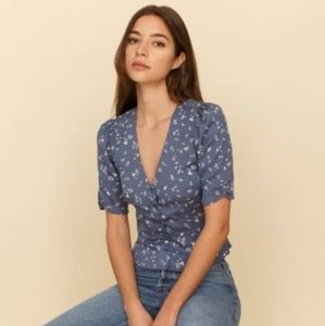 Reformation Ama floral puff sleeve button up blouse blue forget me not size 4